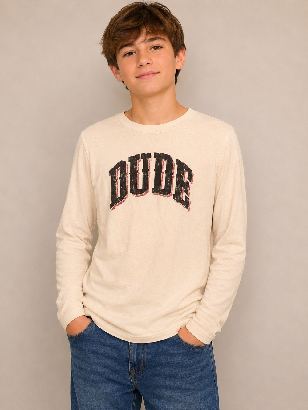 GAP Boys Youth XXL 14-16 “DUDE” Long Sleeve Cotton Shirt Cream New